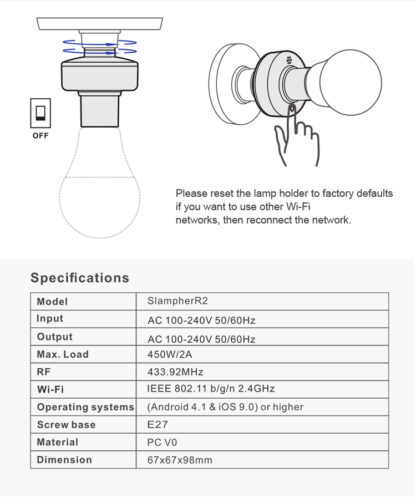 Sonoff Slampher R2 - viedais Wi-Fi E27 spuldzes turētājs ar RF 433 MHz atbalstu / 400 W / 230 VAC / vadība ar tālvadības pulti - Image 2