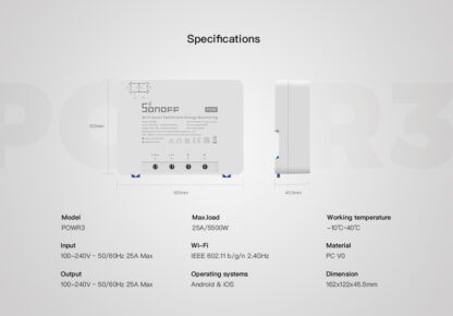 Sonoff Pow R3 - viedais Wi-Fi slēdzis ar jaudas uzraudzību un iespēju ierobežot patērējumu, 5500 W, 25 A, 230 VAC - Image 2